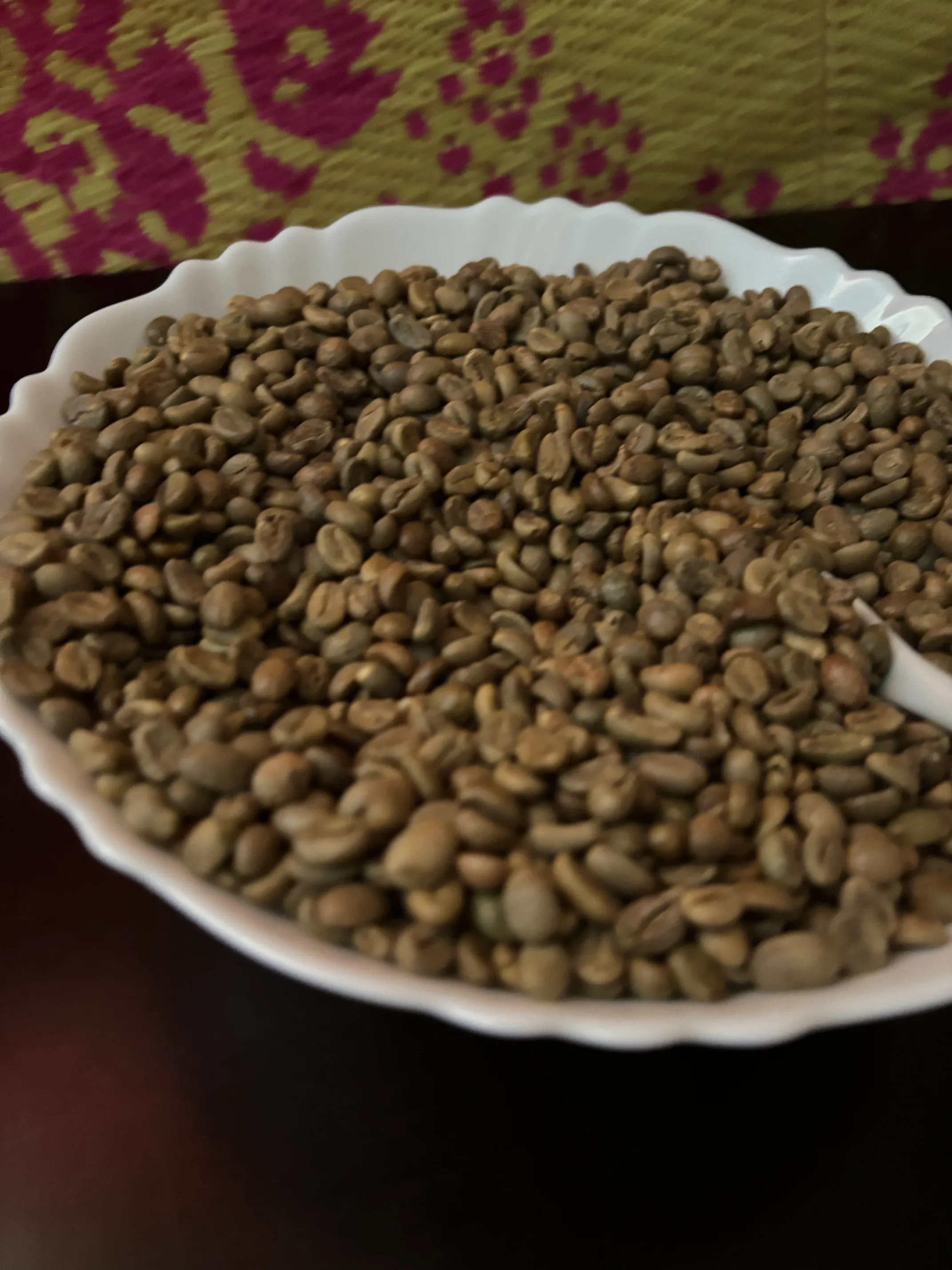 A bowl of raw green coffee beans from the Bababudangiri hill range, Karnataka