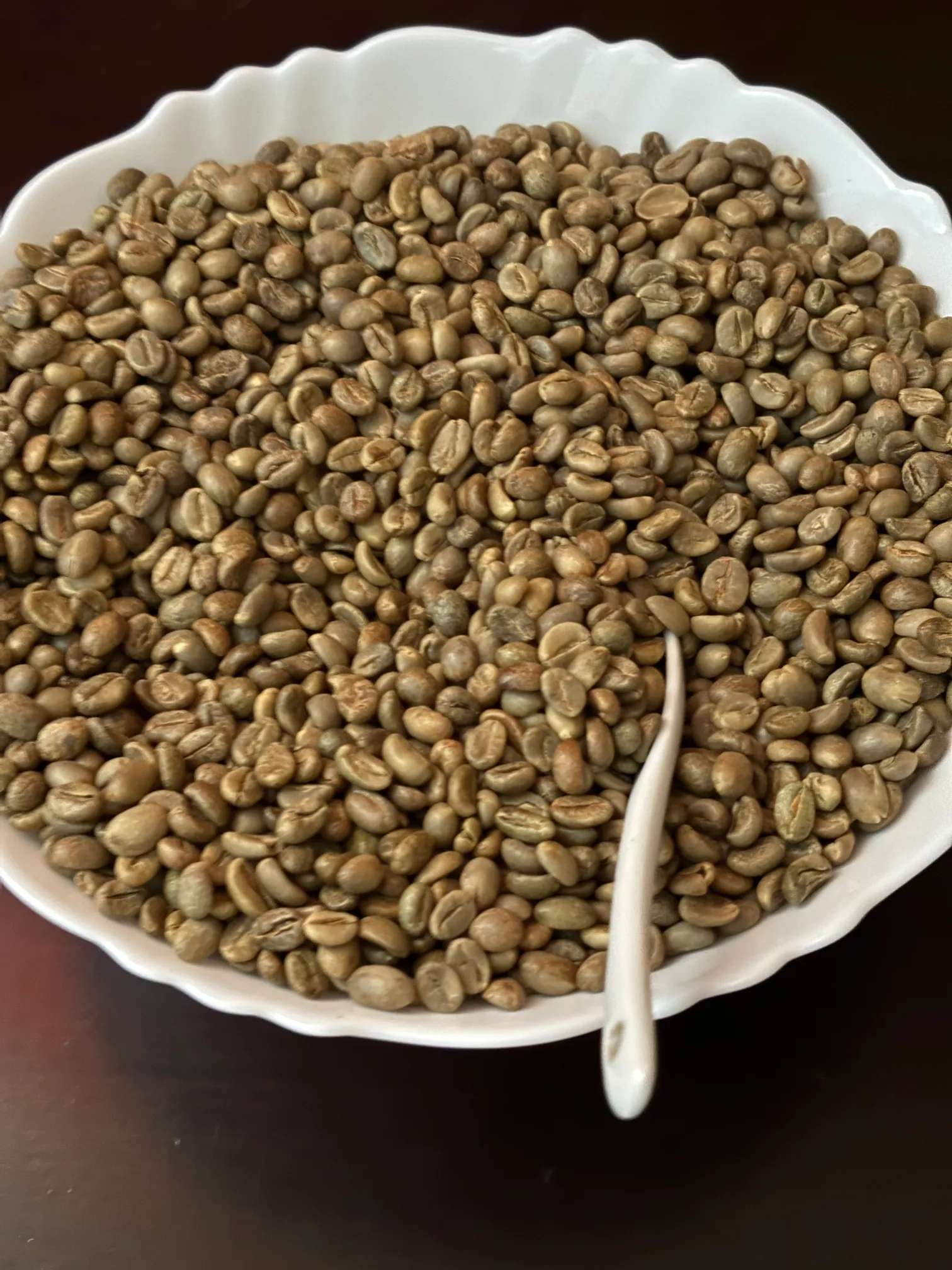 A bowl of raw green coffee beans from Chikmagalur, Karnataka