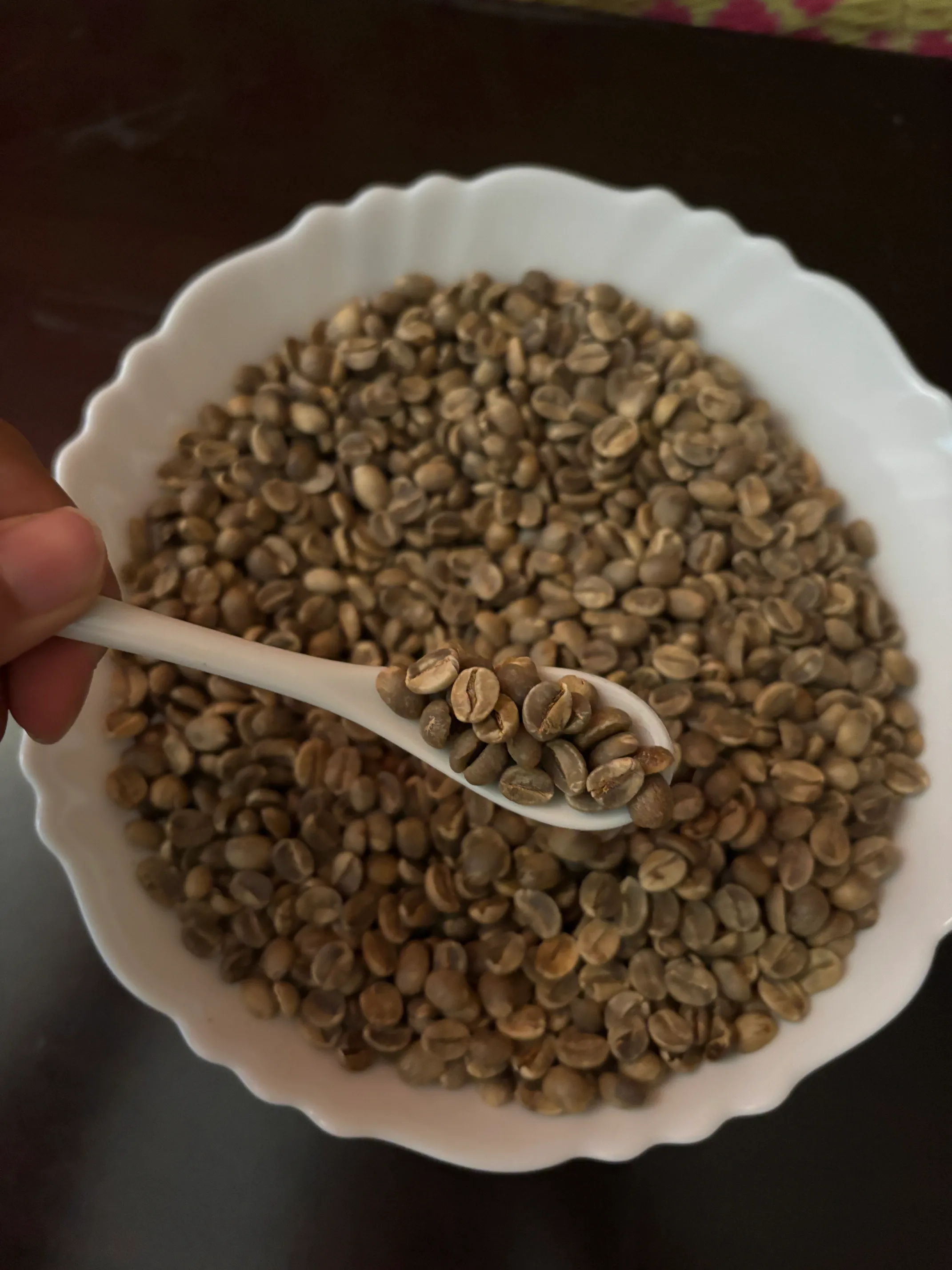 A labelled sample bag of Tirap, Arunachal Pradesh Robusta Naturals green coffee beans
